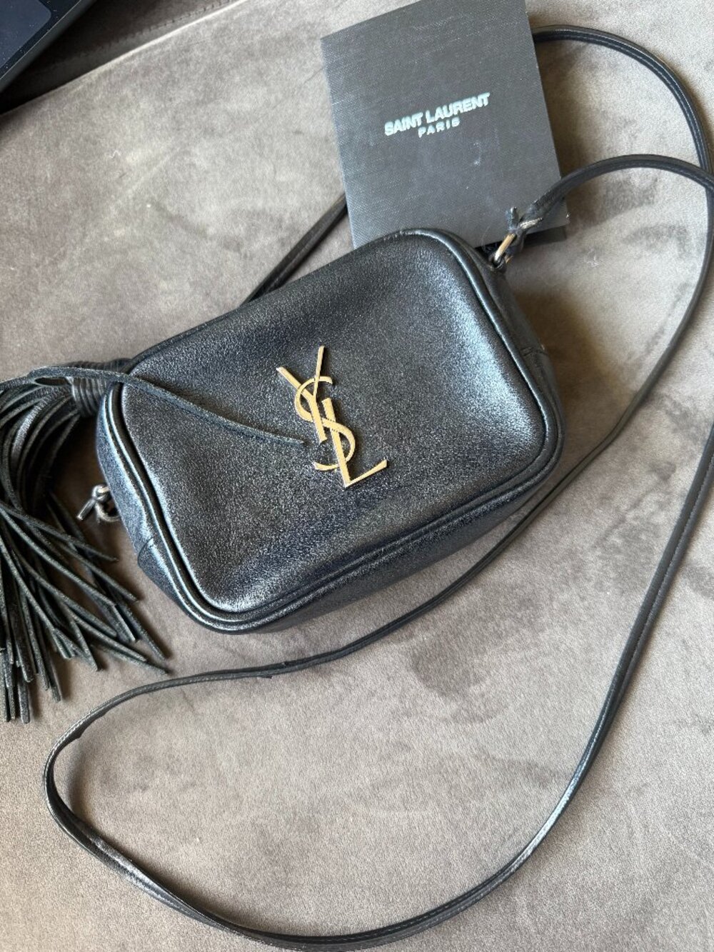 Authentic Saint Laurent (YSL) Monogram Leather Crossbody Bag with Tassel - Black